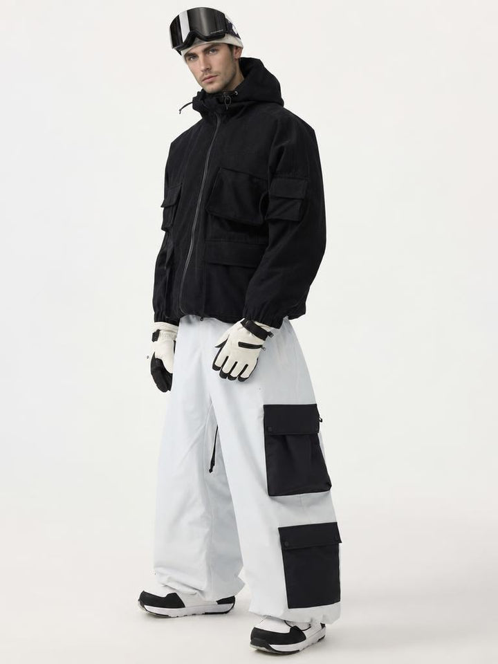 Men's White Baggy Multi-Pocket Color-Block Snow Pants