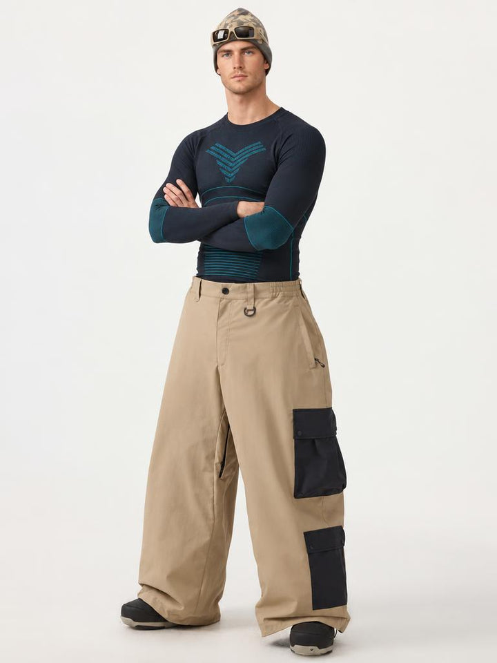 Men's White Baggy Multi-Pocket Color-Block Snow Pants