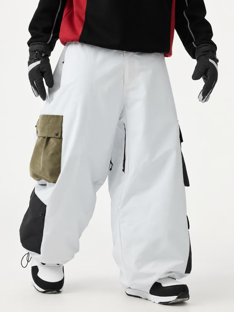 Men's White Baggy Multi-Pocket Color-Block Snow Pants