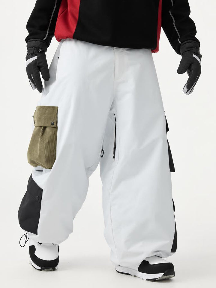 Men's White Baggy Multi-Pocket Color-Block Snow Pants