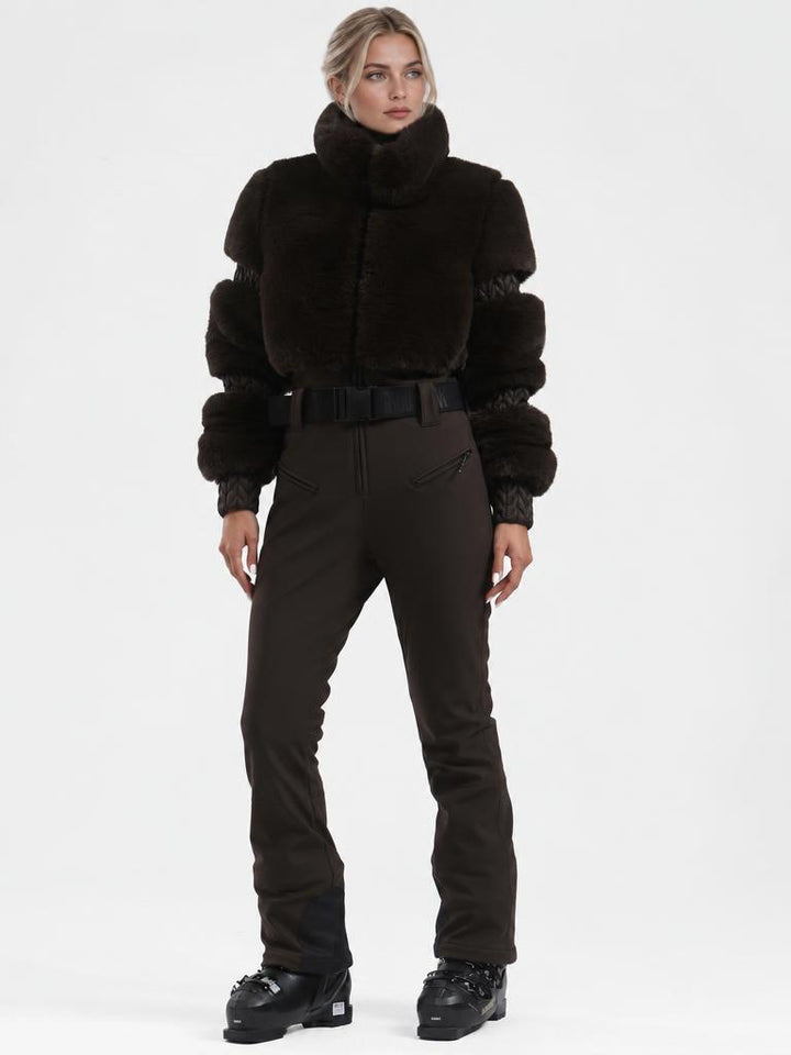 Elegant Women's Black Faux-Fur One-Piece Ski Suit