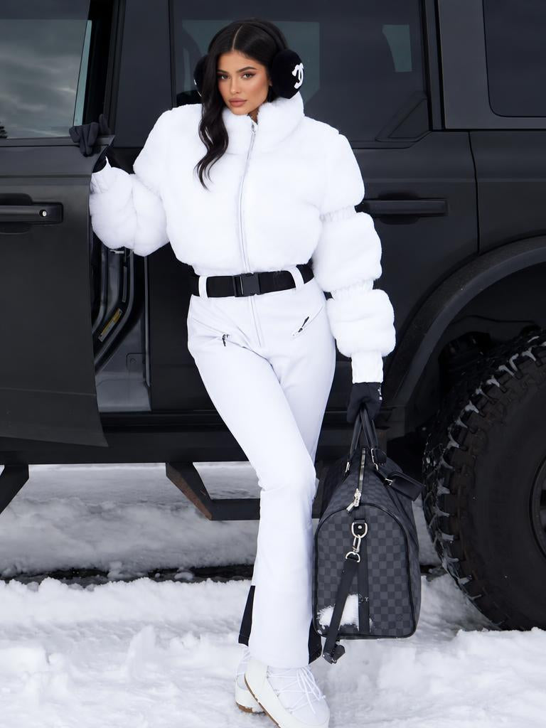 Elegant Women's Black Faux-Fur One-Piece Ski Suit