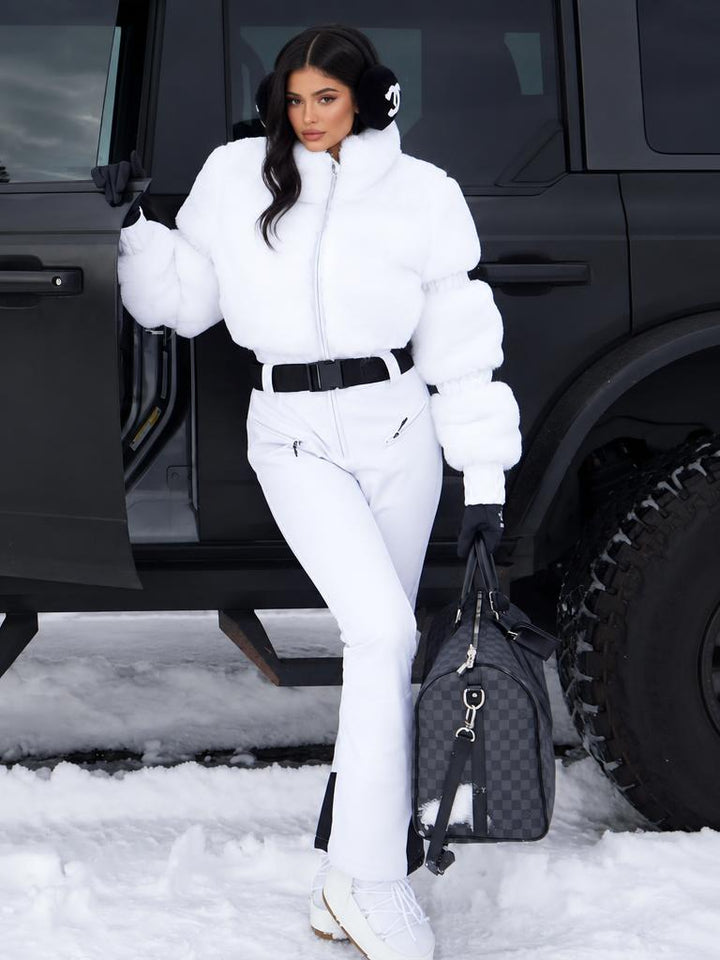 Elegant Women's Black Faux-Fur One-Piece Ski Suit