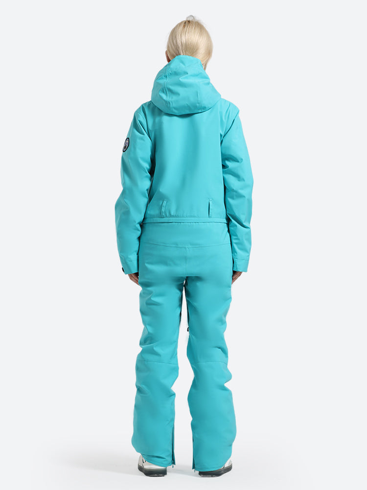 Women's Celeste Blue All-Weather Breathable Belted Hooded One-Piece Ski Suit