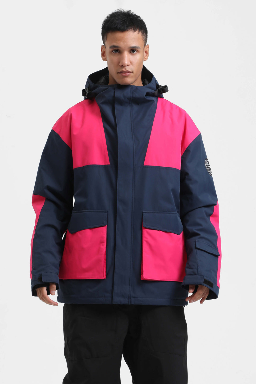 Men's Navy & Fuchsia Color-Block Waterproof Insulated Hooded Snow Jacket