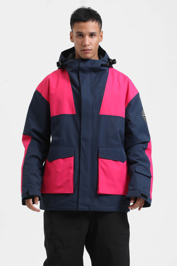 Men's Navy & Fuchsia Color-Block Waterproof Insulated Hooded Snow Jacket
