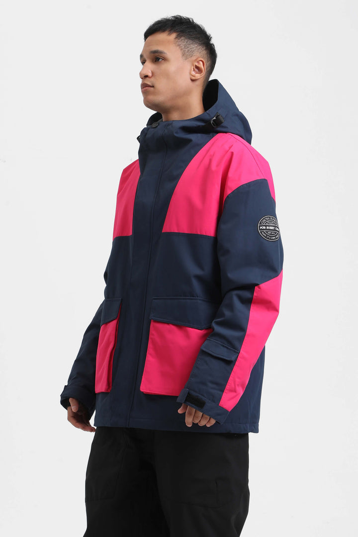 Men's Navy & Fuchsia Color-Block Waterproof Insulated Hooded Snow Jacket
