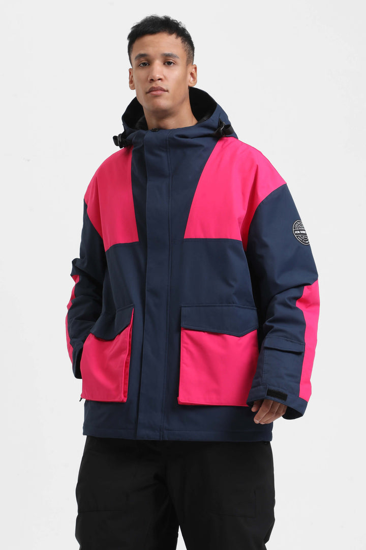 Men's Navy & Fuchsia Color-Block Waterproof Insulated Hooded Snow Jacket