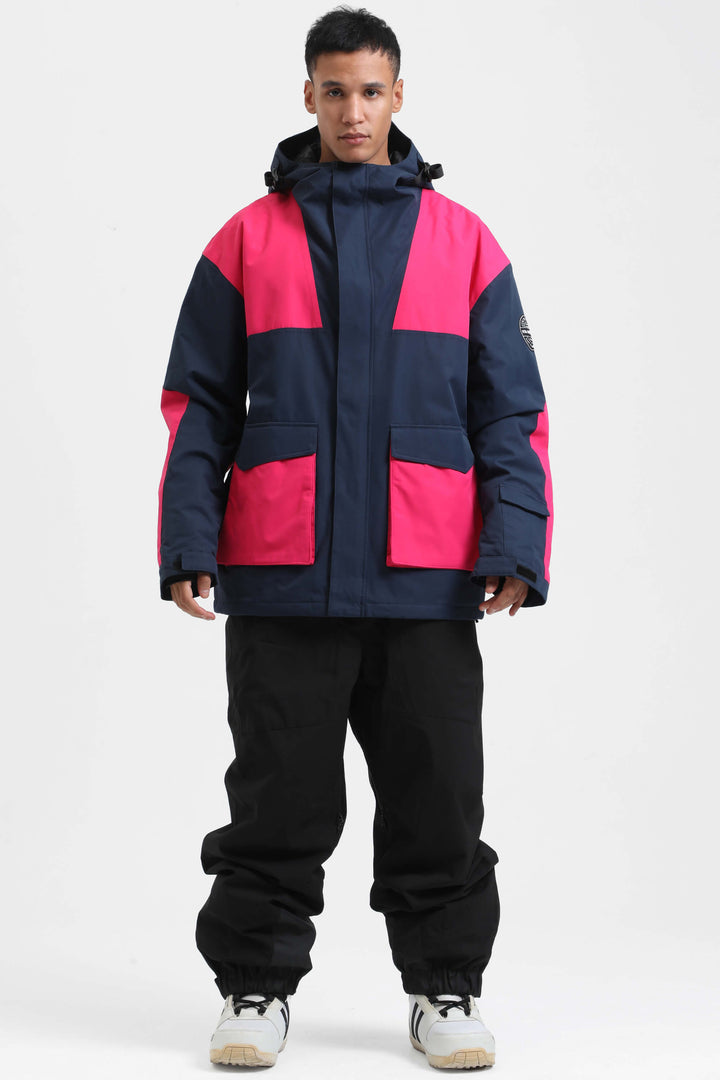 Men's Navy & Fuchsia Color-Block Waterproof Insulated Hooded Snow Jacket