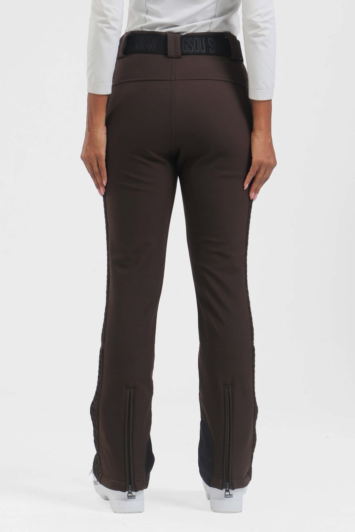 Women's Dark Brown Quilted Padded Stretch High-Waist Slim-Fit Ski Pants