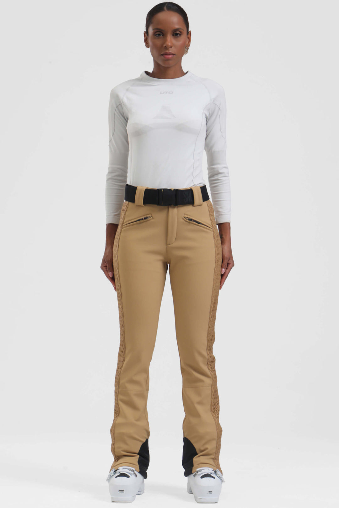 Women's Winter White Thermal-Stretch Reinforced Padded Slim-Fit Ski Pants