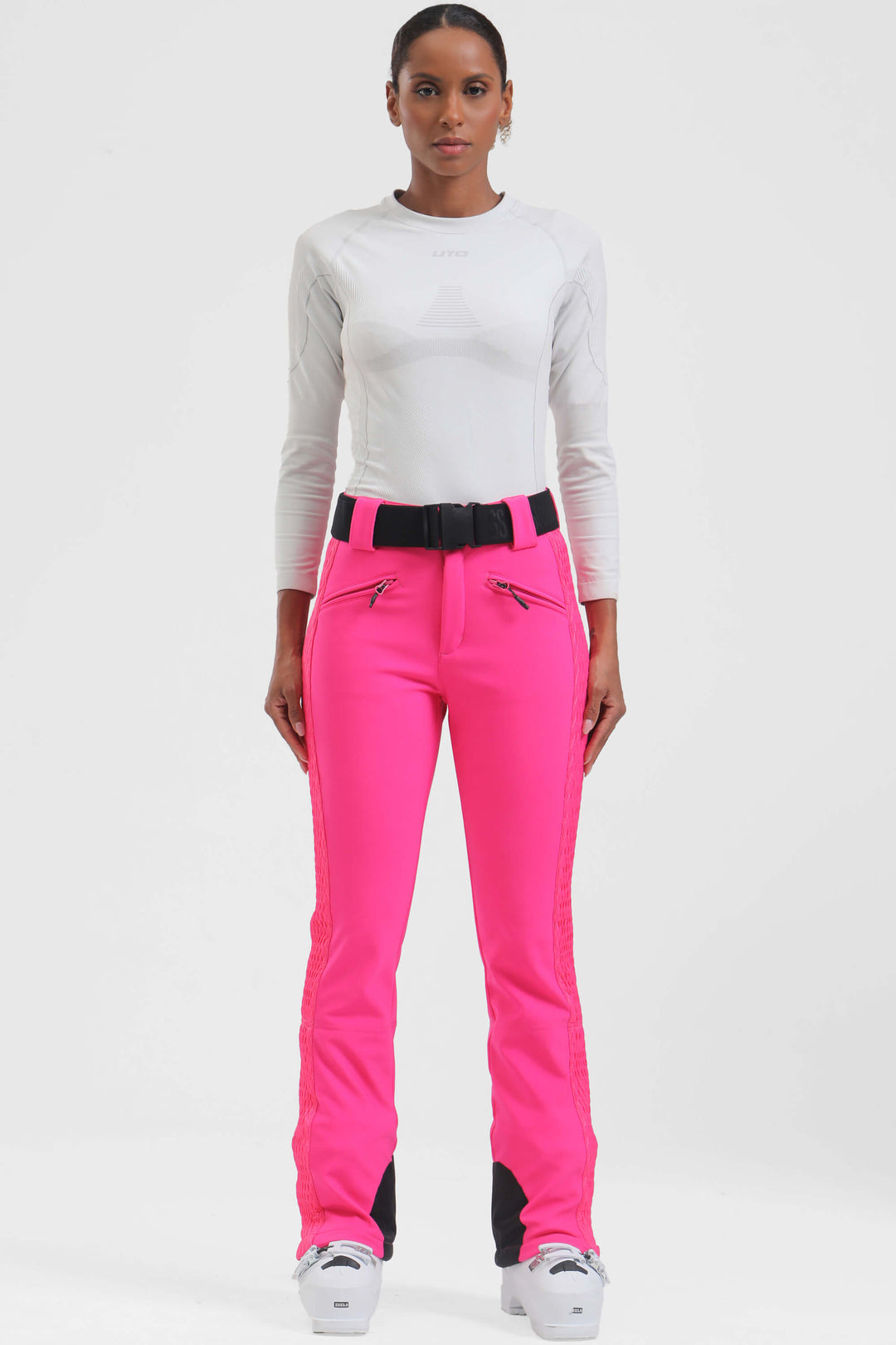 Women's Winter White Thermal-Stretch Reinforced Padded Slim-Fit Ski Pants