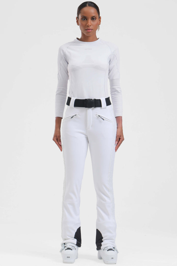 Women's Winter White Thermal-Stretch Reinforced Padded Slim-Fit Ski Pants