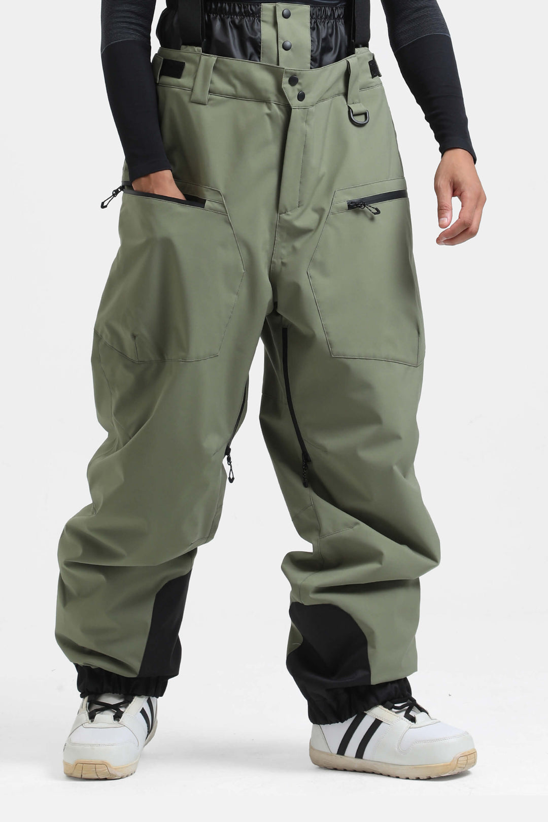 Men's Army Green Insulated Baggy Snow Pants With Detachable Suspenders