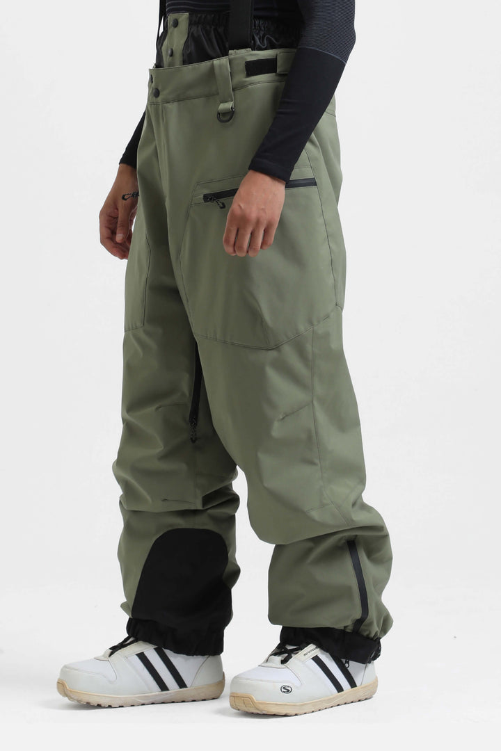 Men's Army Green Insulated Baggy Snow Pants With Detachable Suspenders