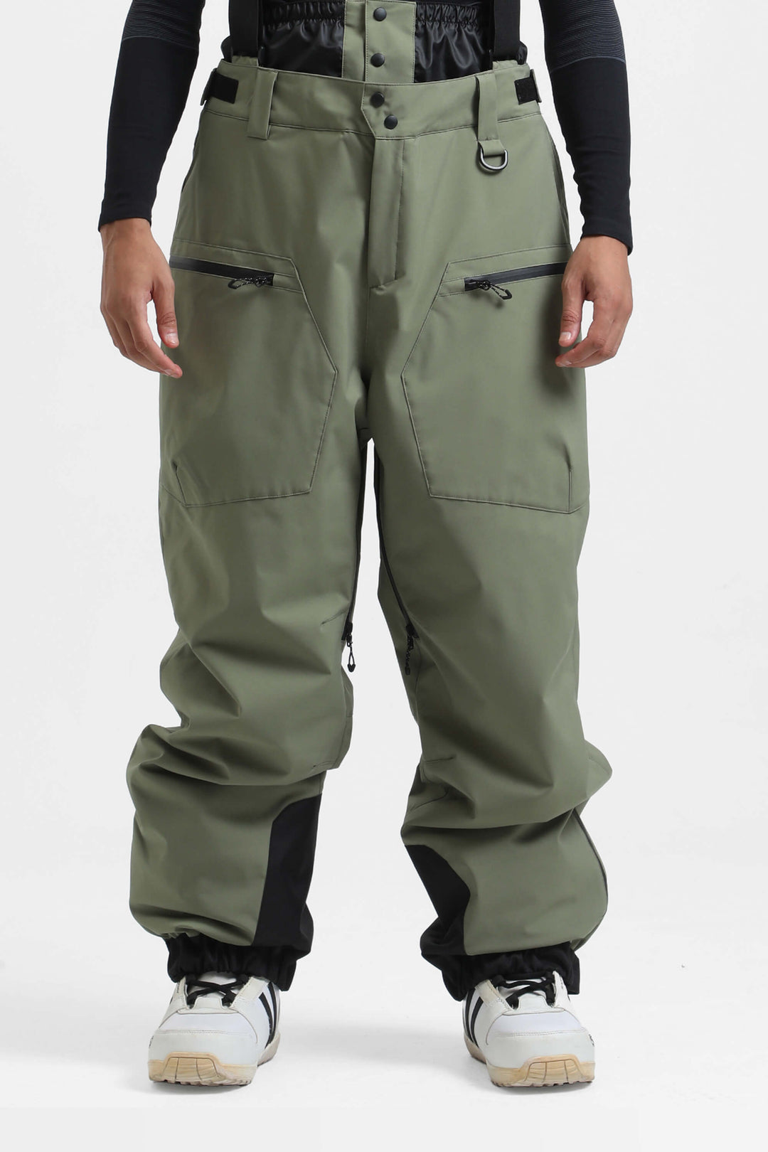 Men's Army Green Insulated Baggy Snow Pants With Detachable Suspenders