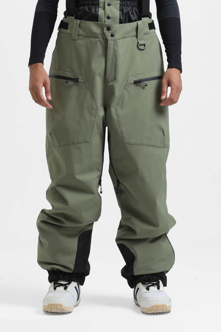 Men's Army Green Insulated Baggy Snow Pants With Detachable Suspenders