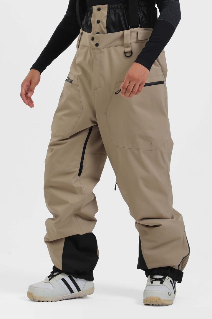 Men's Army Green Insulated Baggy Snow Pants With Detachable Suspenders