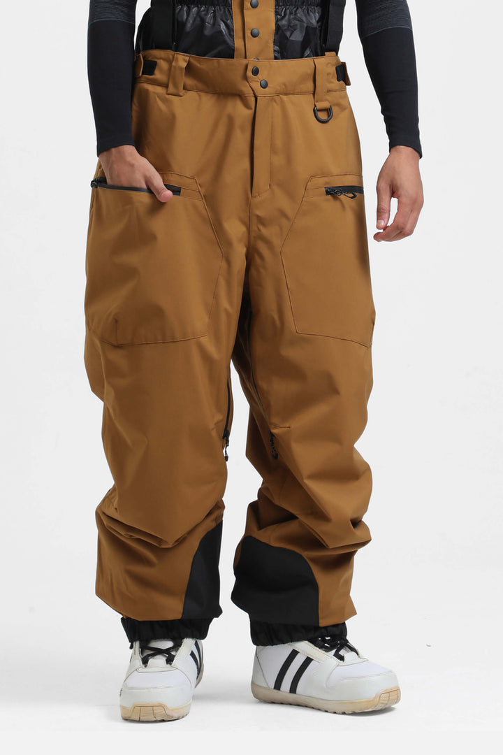 Men's Army Green Insulated Baggy Snow Pants With Detachable Suspenders