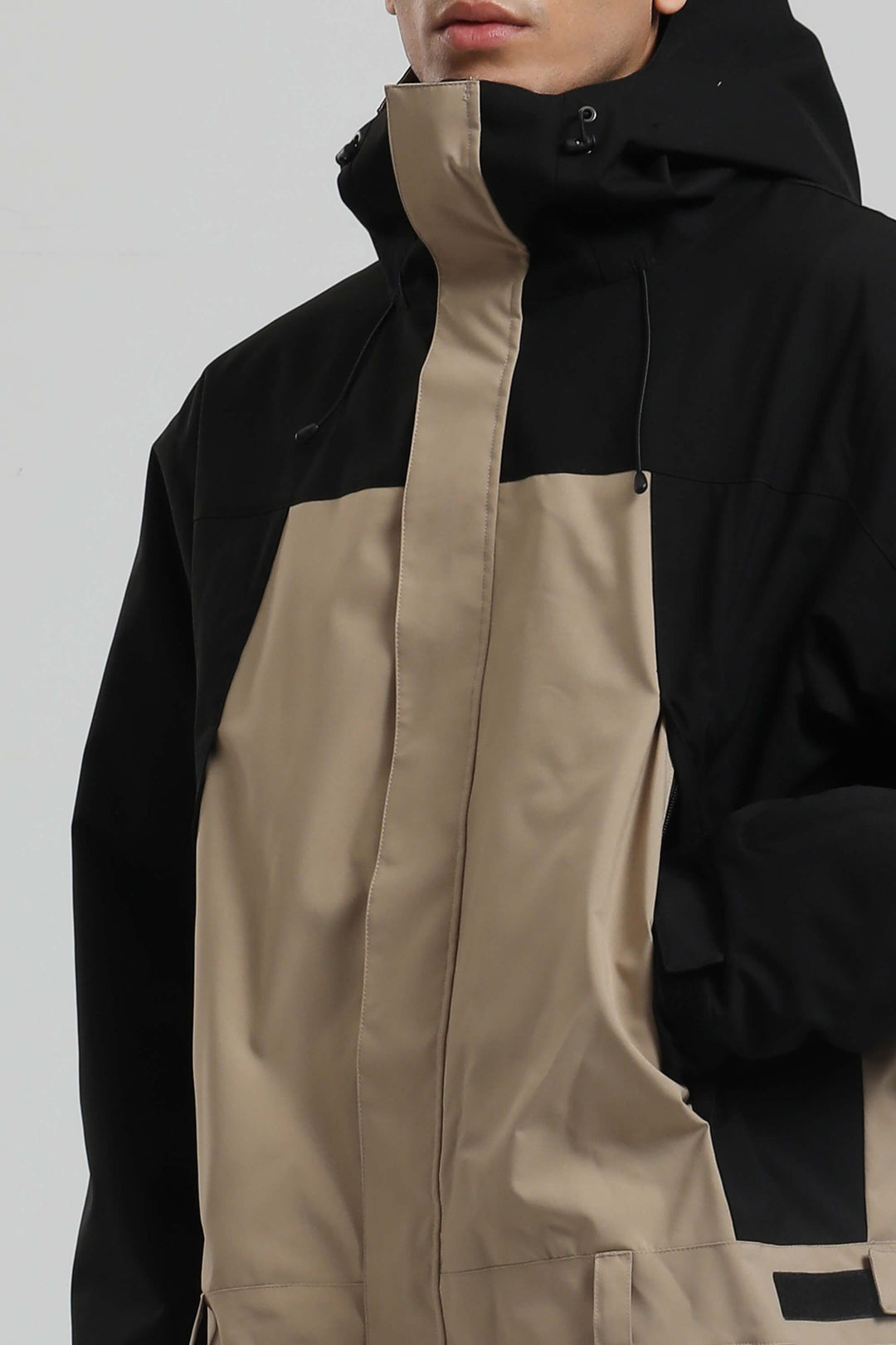 Men's Black & Khaki Windproof Contrast-Panel Functional Loose One-Piece Ski Suit