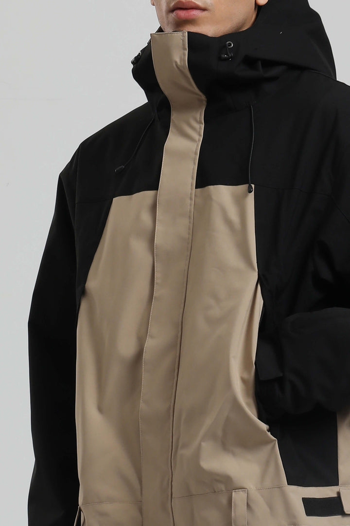 Men's Black & Khaki Windproof Contrast-Panel Functional Loose One-Piece Ski Suit