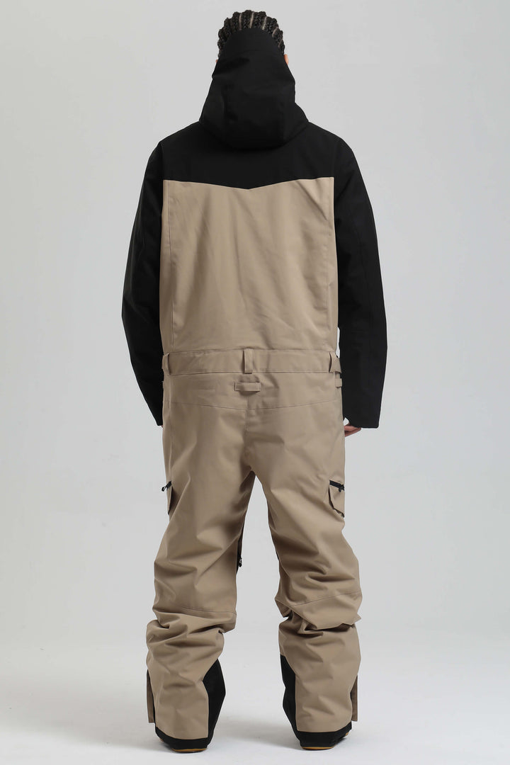 Men's Black & Khaki Windproof Contrast-Panel Functional Loose One-Piece Ski Suit