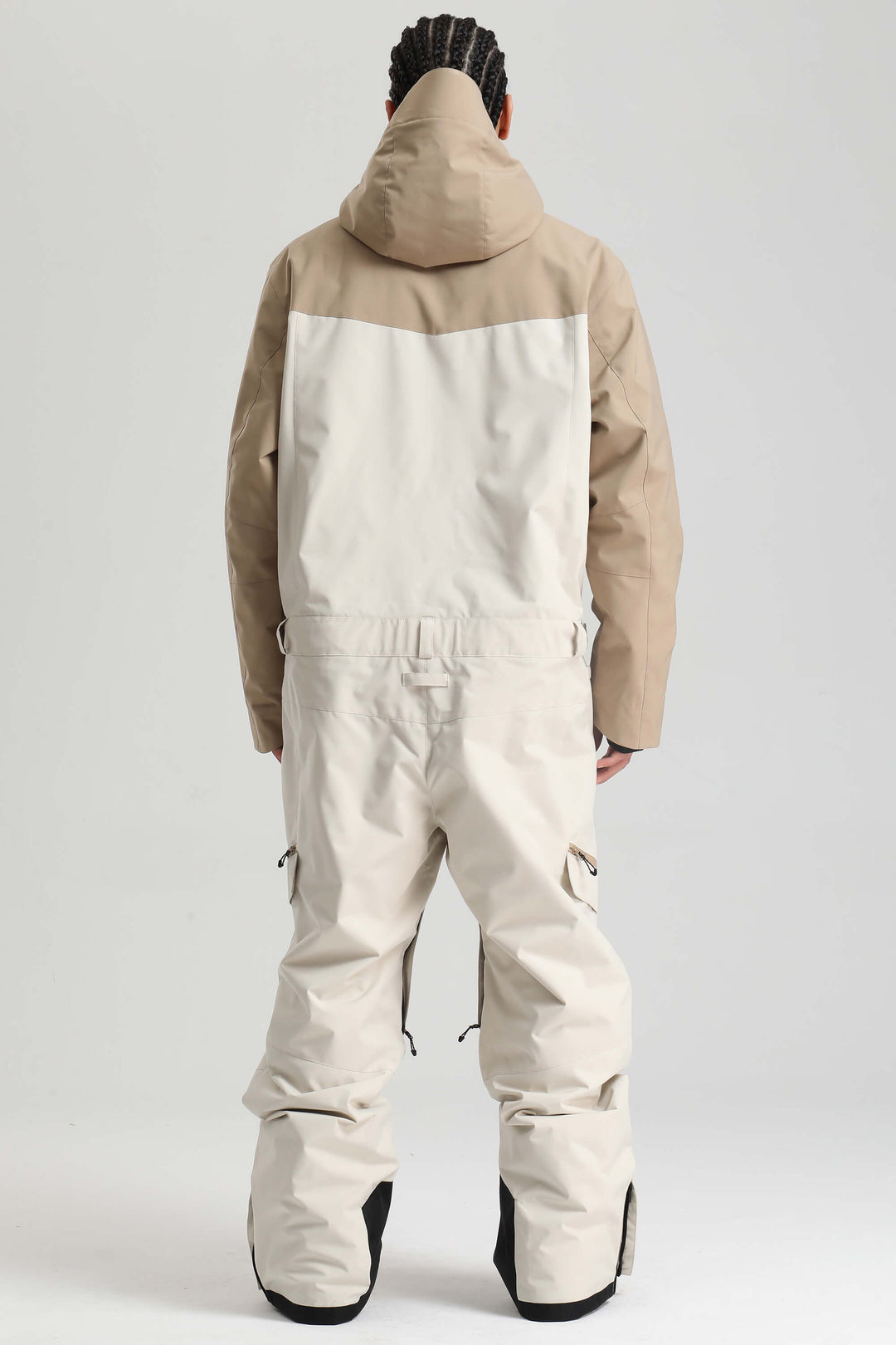 Men's Khaki & White Thermal Color-Blocked Cargo Baggy One-Piece Ski Suit