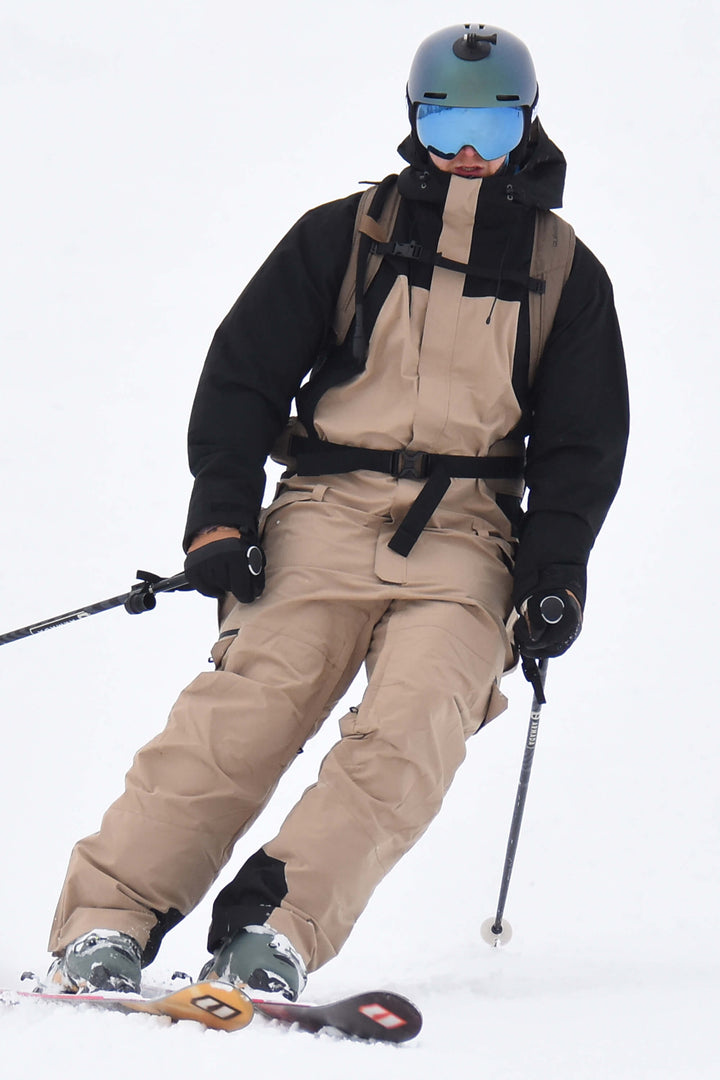 Men's Black & Khaki Windproof Contrast-Panel Functional Loose One-Piece Ski Suit