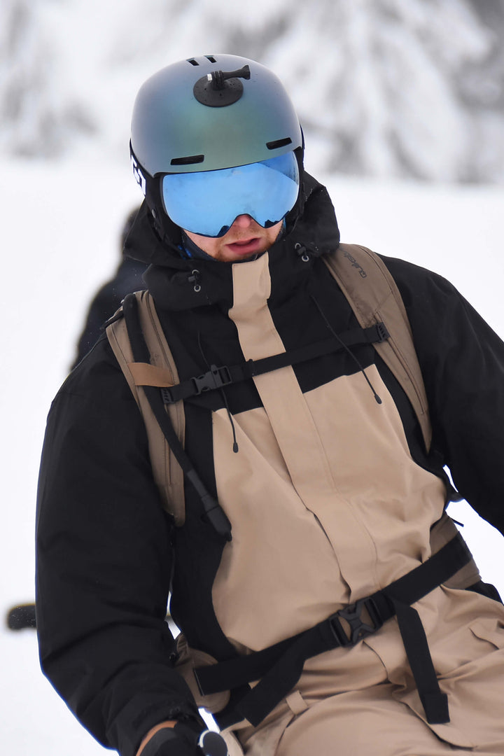 Men's Black & Khaki Windproof Contrast-Panel Functional Loose One-Piece Ski Suit