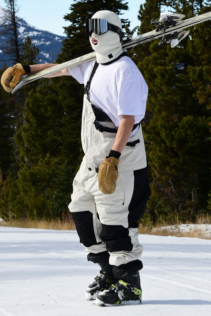 Men's White Full Front Zip Snow Bibs with Hook & Loop Closure