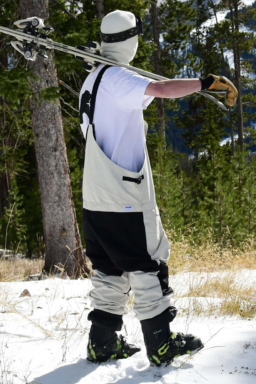 Men's White Full Front Zip Snow Bibs with Hook & Loop Closure
