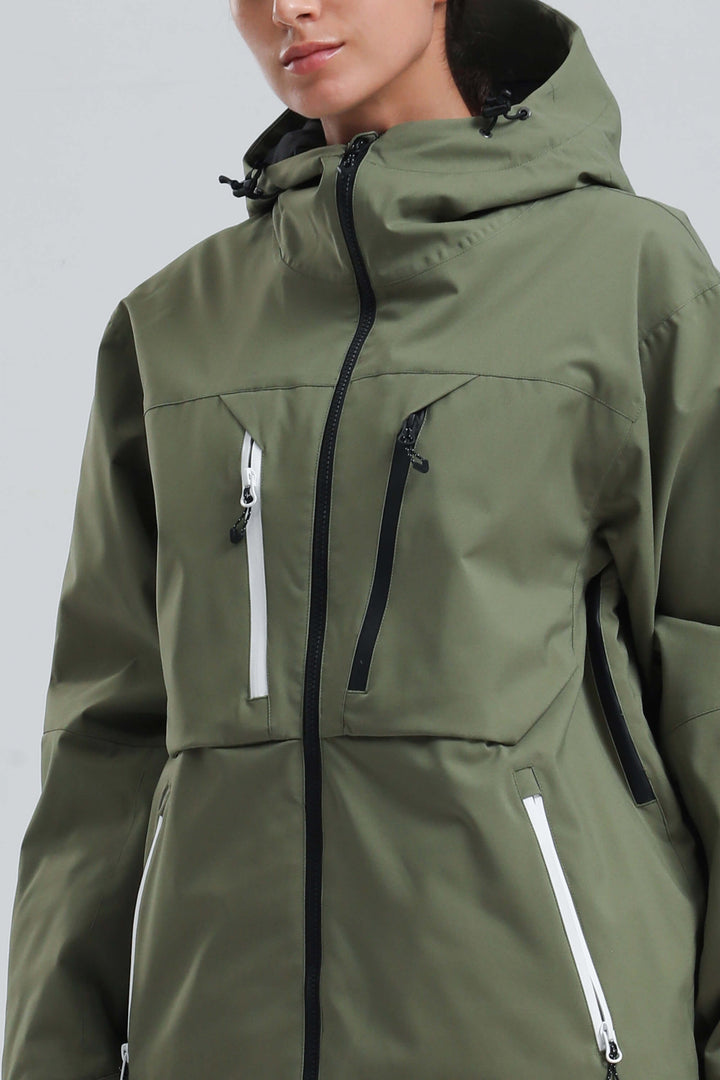 Women's Army Green Contrast-Zipper Fully Seam-Taped Insulated Snow Jacket