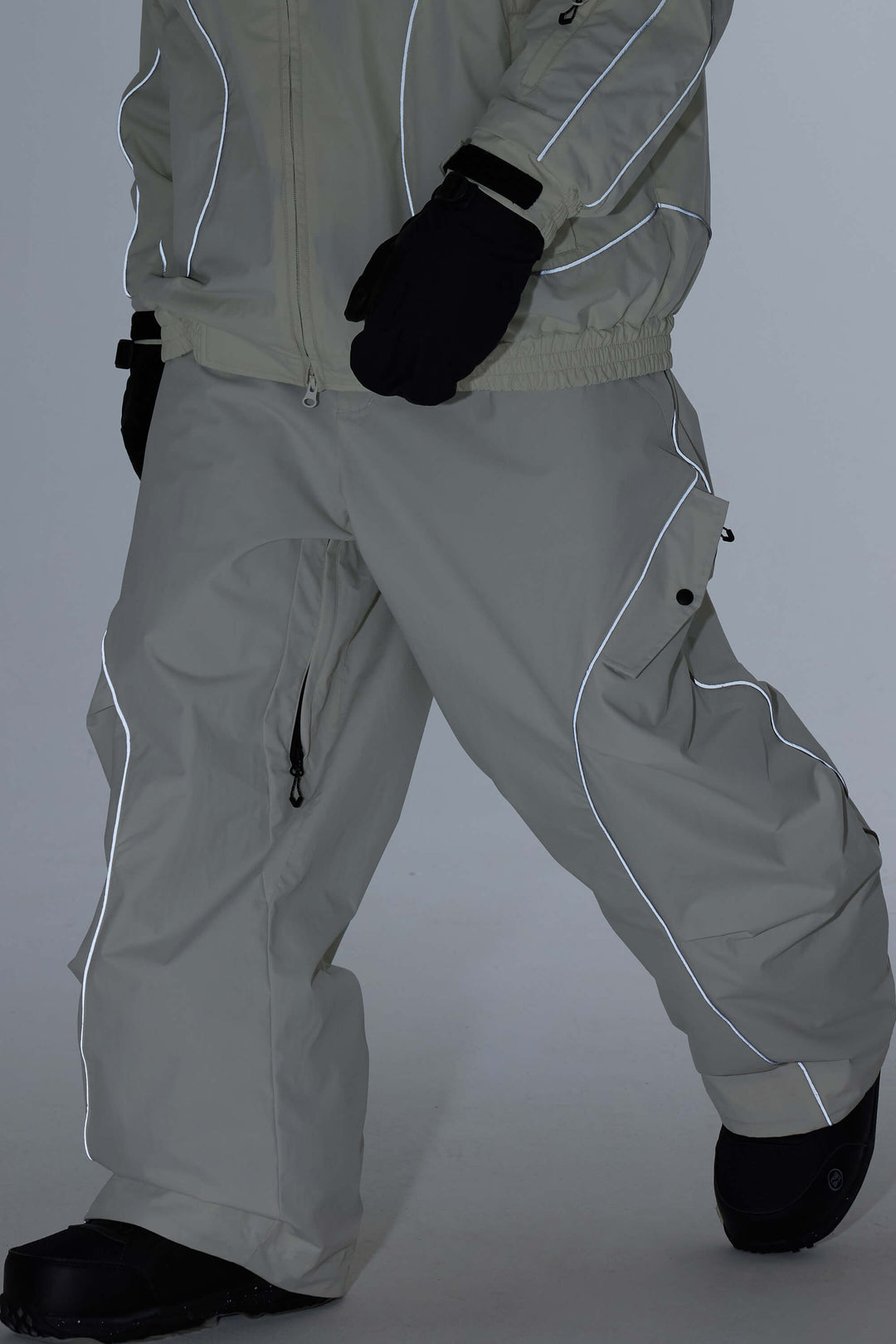Men's Black Retro Track Reflective Piping Baggy Snow Pants