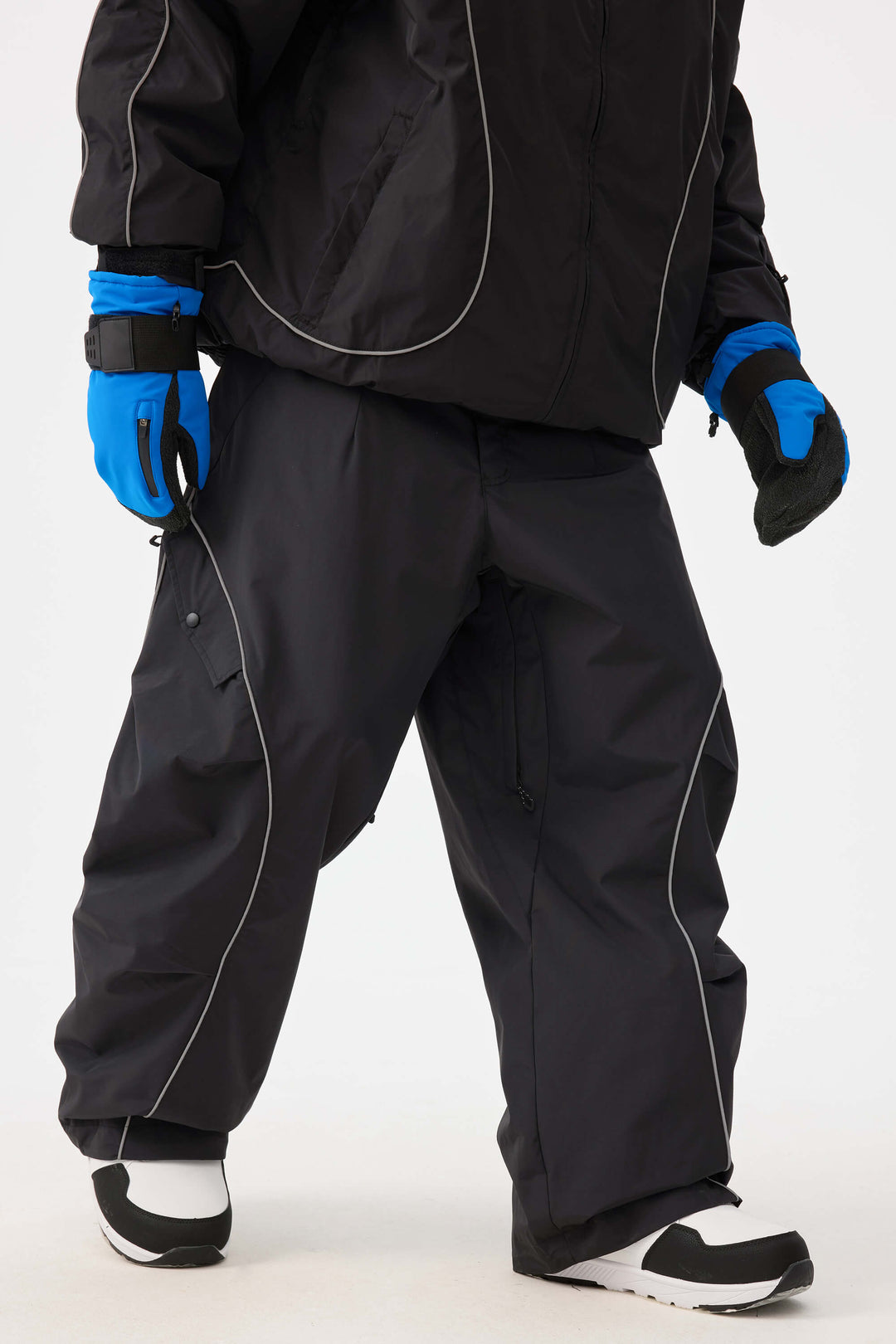 Men's Black Retro Track Reflective Piping Baggy Snow Pants