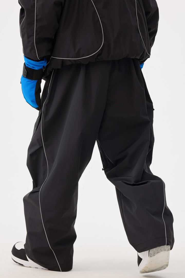 Men's Black Retro Track Reflective Piping Baggy Snow Pants