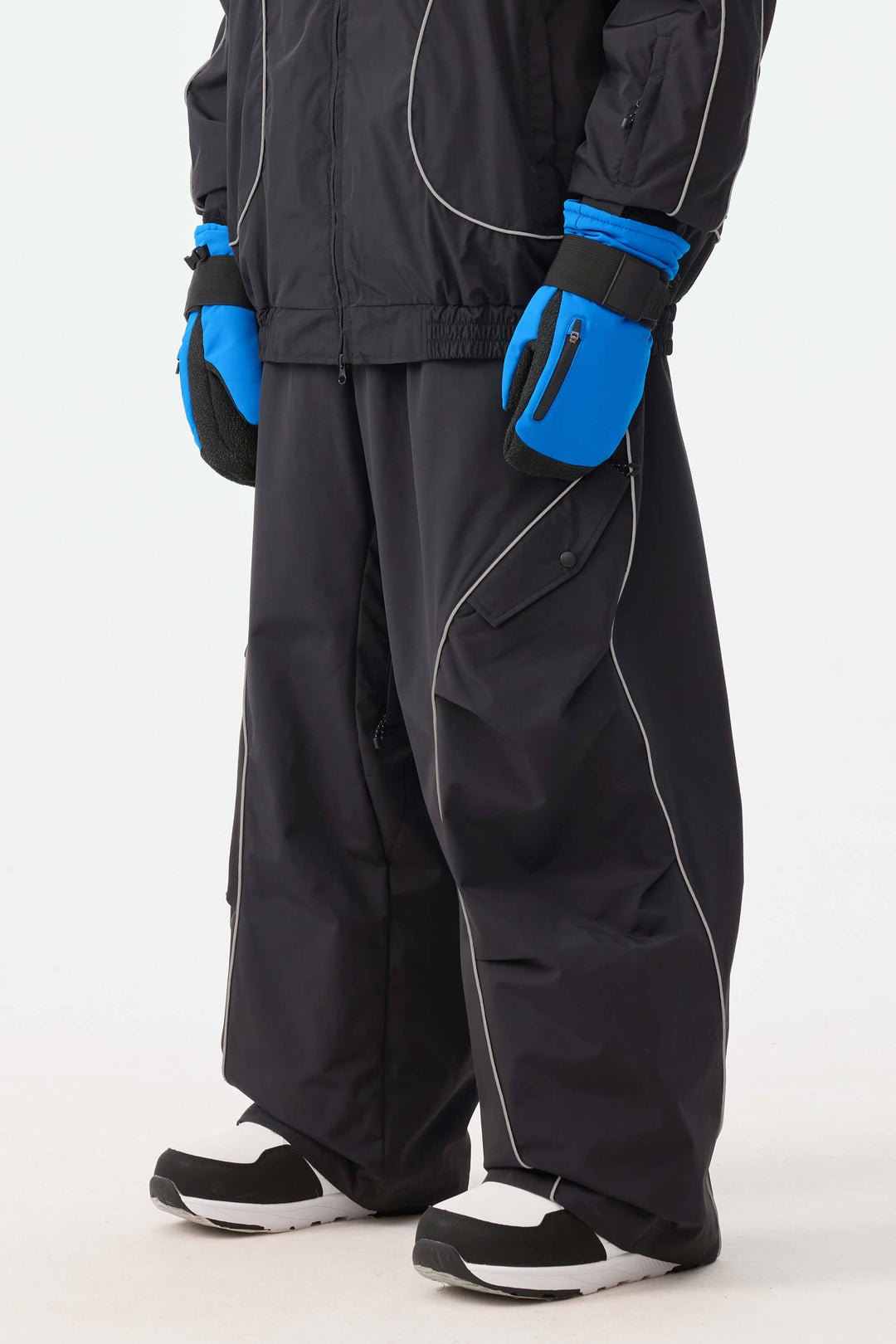 Men's Black Retro Track Reflective Piping Baggy Snow Pants