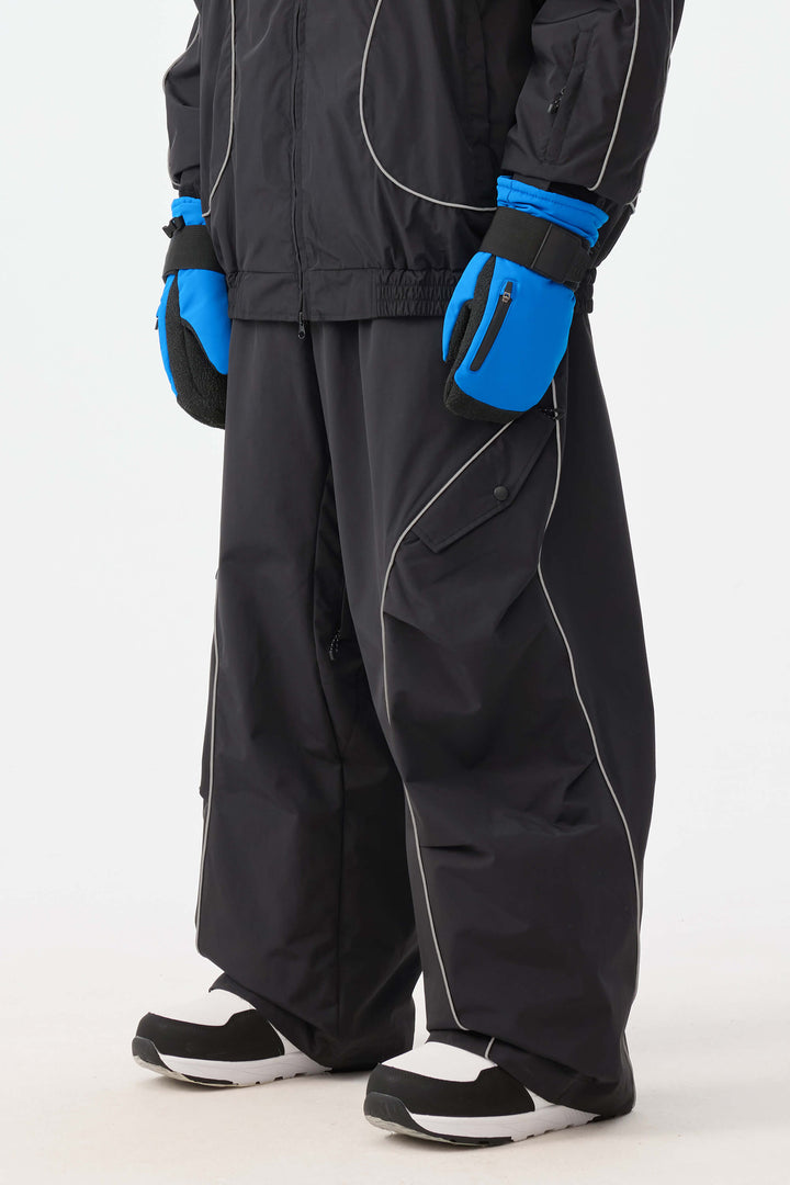 Men's Black Retro Track Reflective Piping Baggy Snow Pants