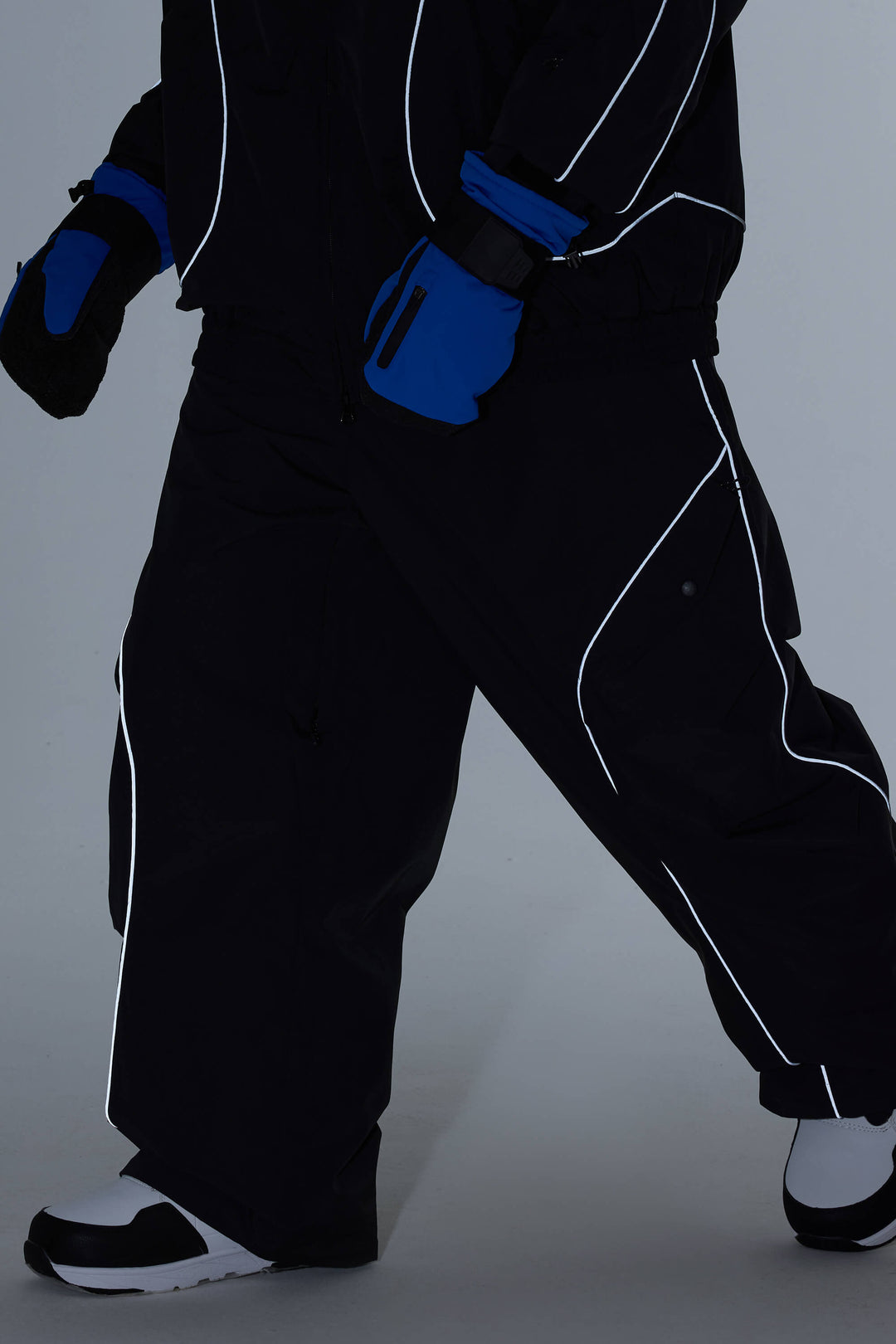 Men's Black Retro Track Reflective Piping Baggy Snow Pants