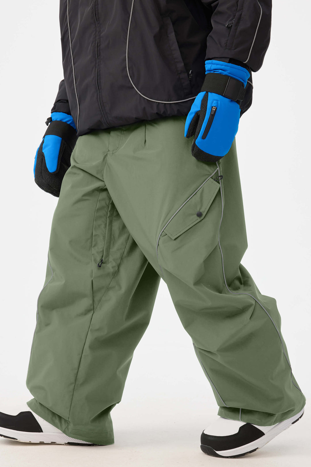 Men's Black Retro Track Reflective Piping Baggy Snow Pants