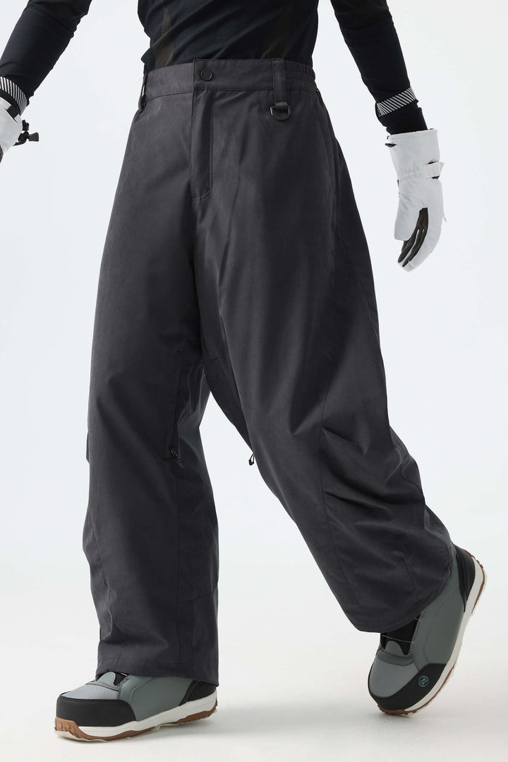 Men's Classic Black Windproof Brushed-Fleece Wide-Leg Barrel Snow Pants