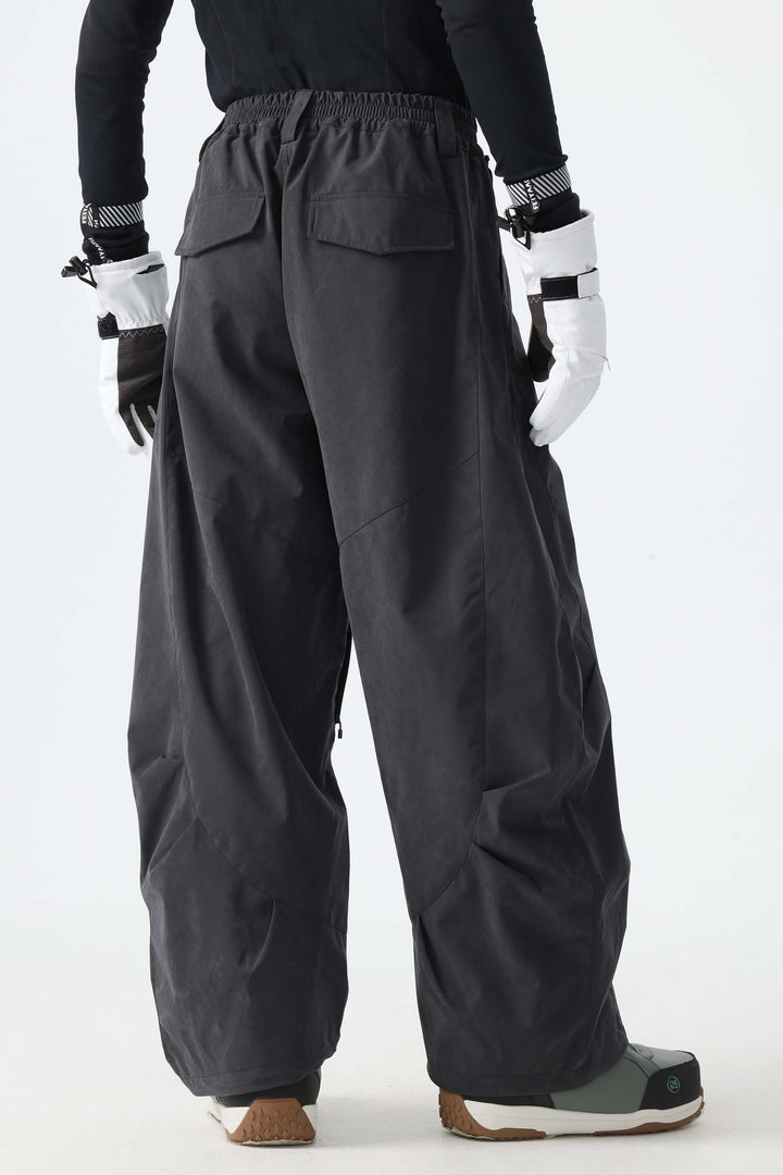 Men's Classic Black Windproof Brushed-Fleece Wide-Leg Barrel Snow Pants