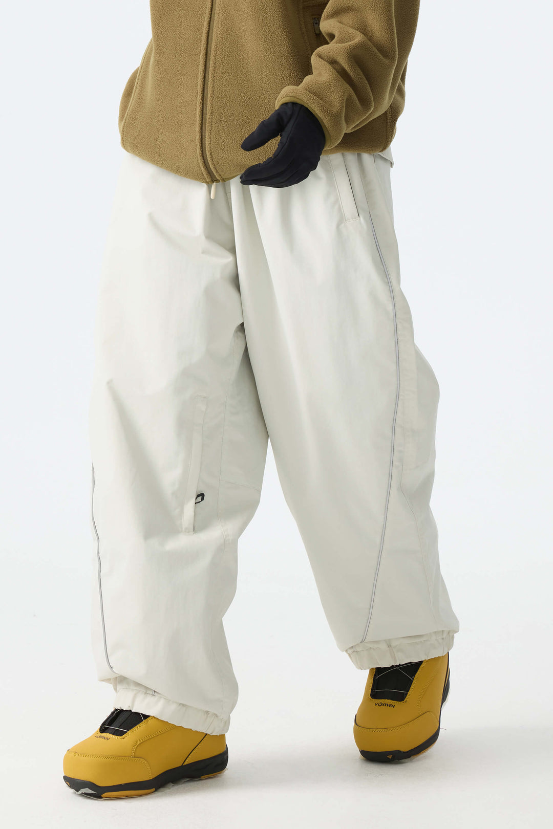 Women's Desert Khaki Reflective-Piped Drawstring Relaxed Cargo Snow Pants