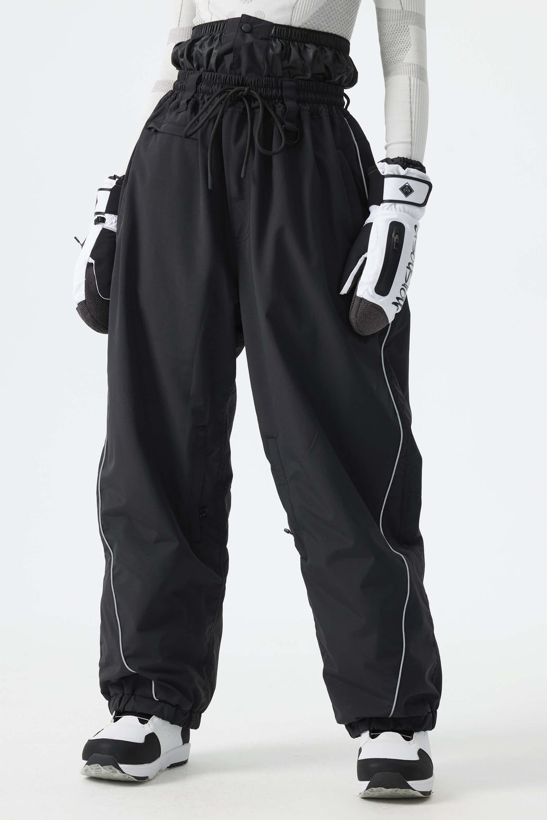 Women's Desert Khaki Reflective-Piped Drawstring Relaxed Cargo Snow Pants