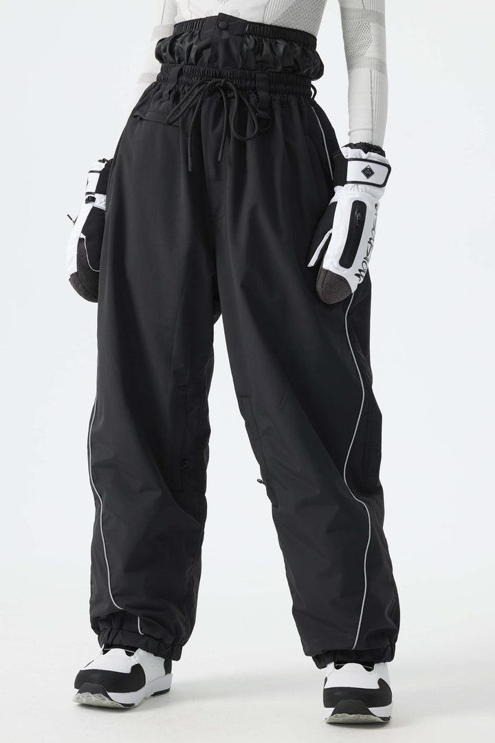 Women's Desert Khaki Reflective-Piped Drawstring Relaxed Cargo Snow Pants