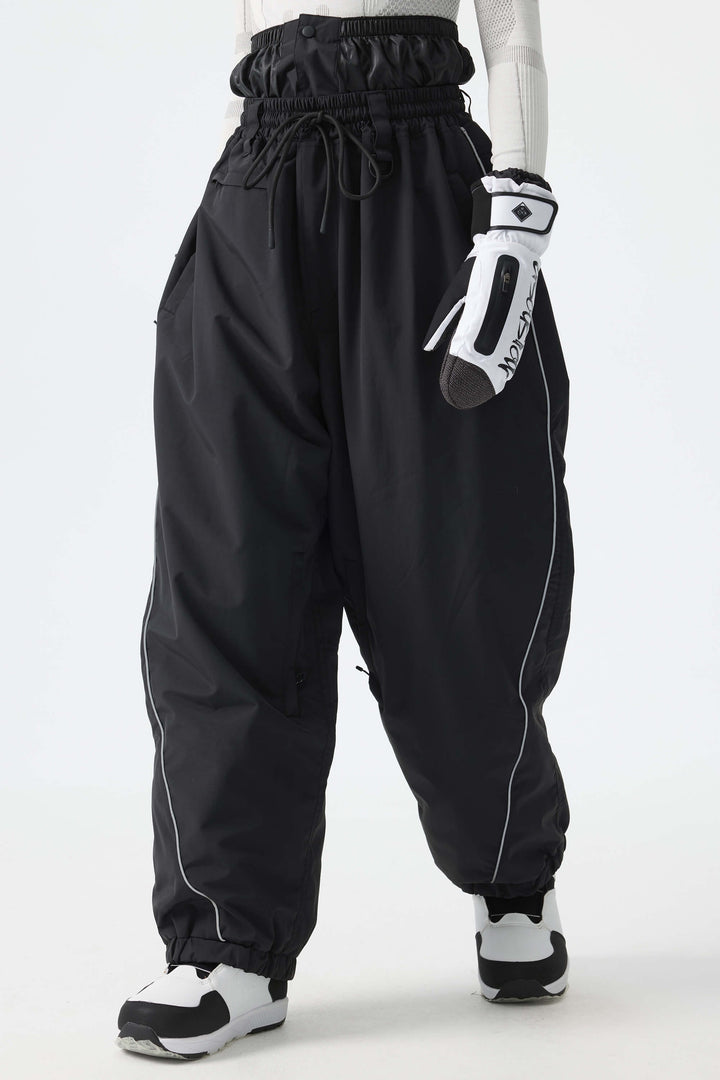 Women's Desert Khaki Reflective-Piped Drawstring Relaxed Cargo Snow Pants