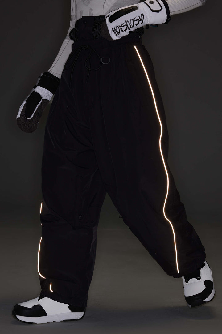 Women's Desert Khaki Reflective-Piped Drawstring Relaxed Cargo Snow Pants