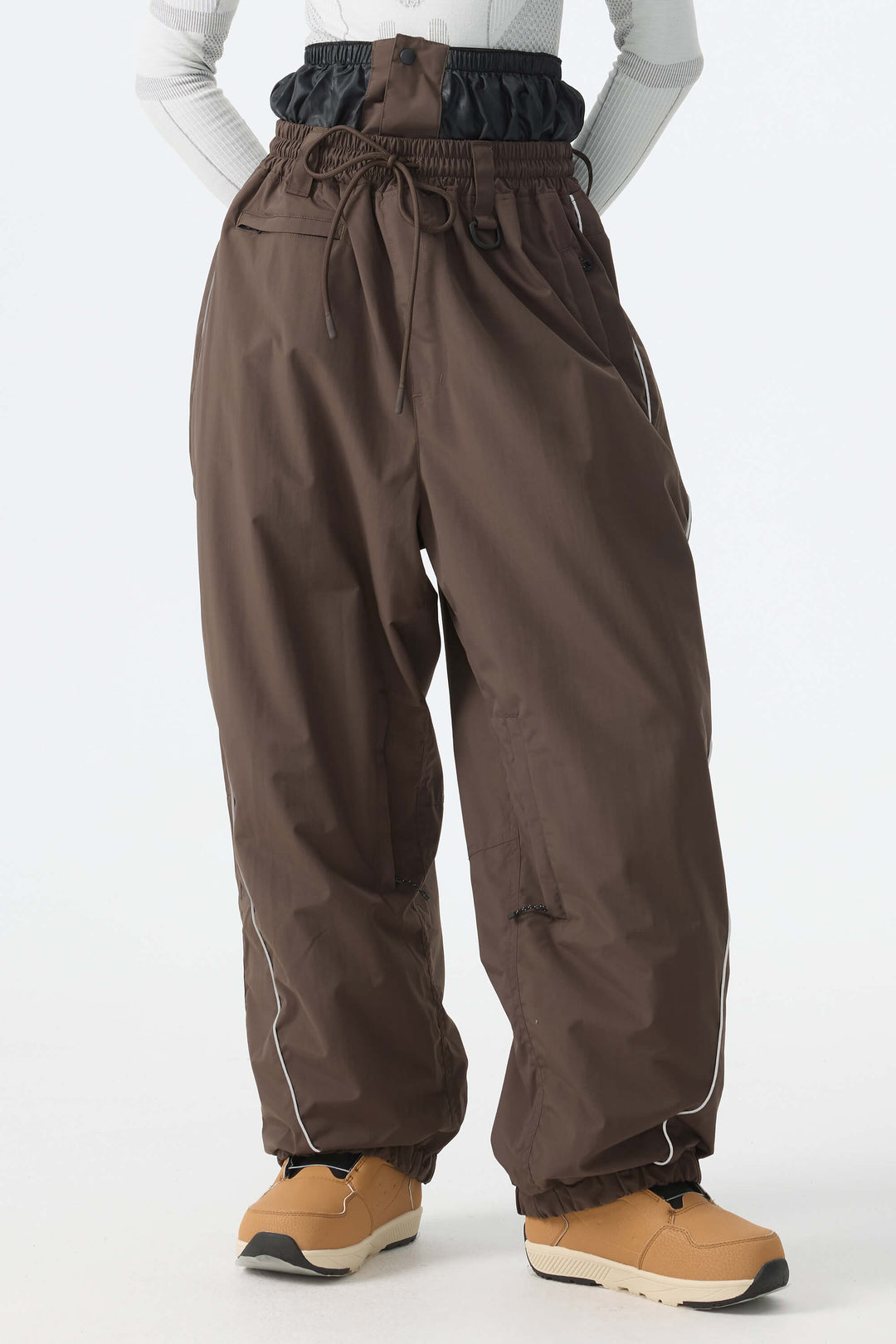 Women's Desert Khaki Reflective-Piped Drawstring Relaxed Cargo Snow Pants