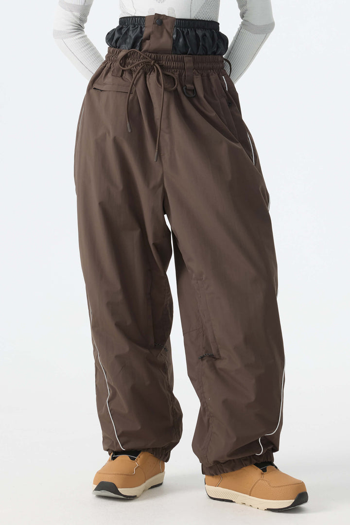 Women's Desert Khaki Reflective-Piped Drawstring Relaxed Cargo Snow Pants