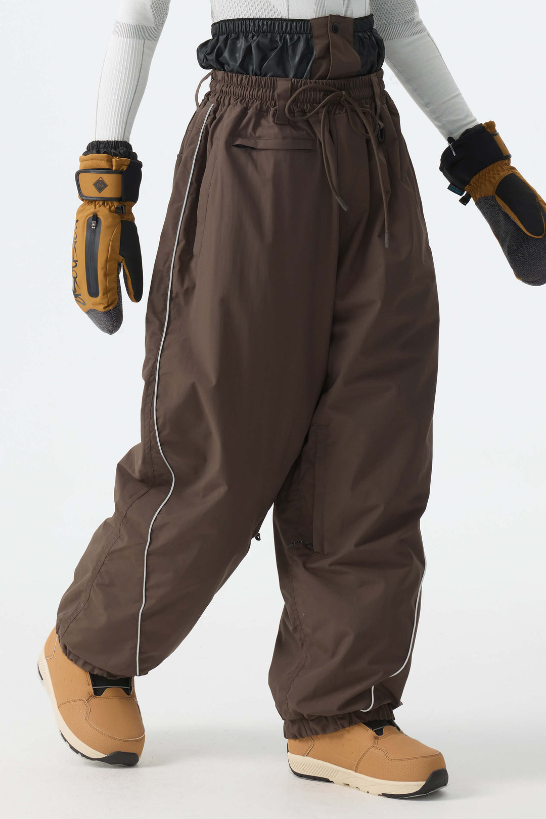 Women's Desert Khaki Reflective-Piped Drawstring Relaxed Cargo Snow Pants