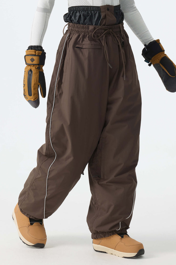 Women's Desert Khaki Reflective-Piped Drawstring Relaxed Cargo Snow Pants
